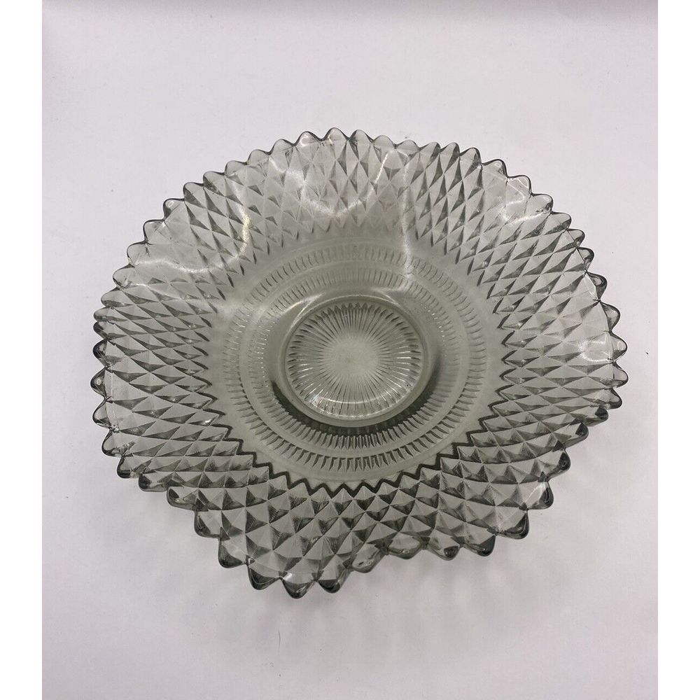 Indiana Glass Clear/Gray‎ Diamond Point Cut Glass Round Candy Dish Ruffled Edge - Picture 3 of 5